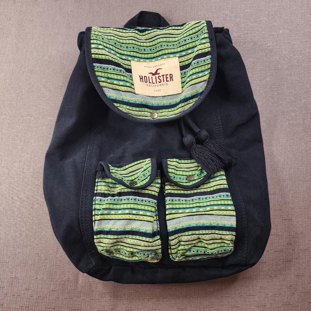 Hollister Navy Canvas Backpack Woven Geometric Flap Tassel Drawstring Bag